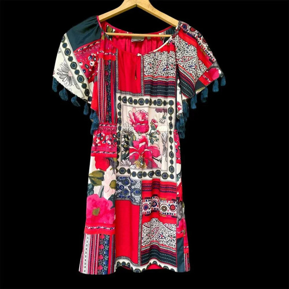 Vanessa Virginia Vintage-Inspired Red Floral Patchwork Dress Boho Summer Mini XS - Picture 3 of 15